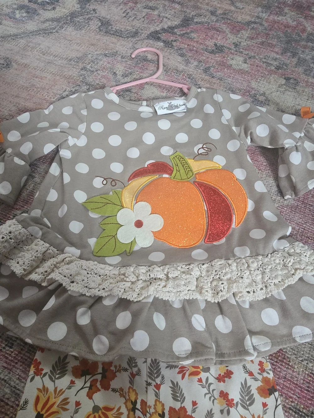 Rare Editions Taupe Polka Dot Pumpkin Top & Autumn Floral Ruffle Pants 18M